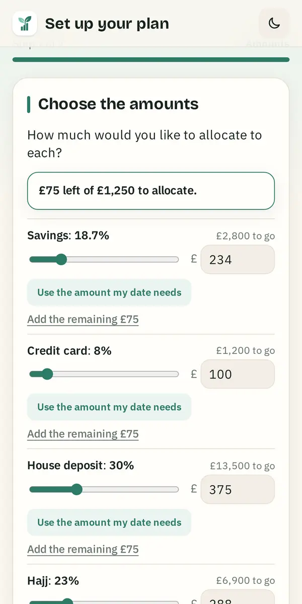 Choosing the amounts for savings, a credit card and a house deposit, with the money left to allocate shown at the top.